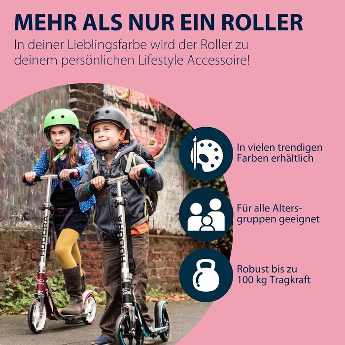 HUDORA BigWheel 205: Скутер з алюмінію, регульована висота, складаний - для дітей та дорослих (до 100 кг), magenta/silver