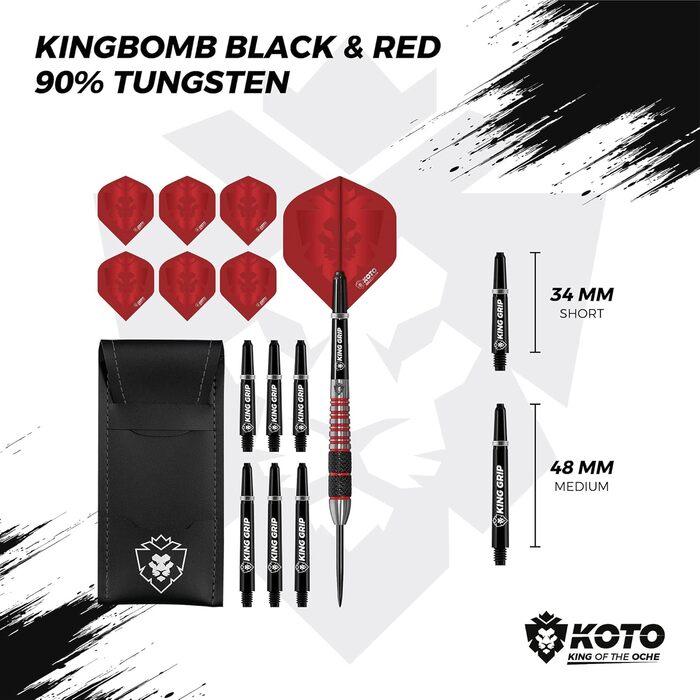Професійний набір дротиків KOTO Kingbomb 30 г, чорний і червоний, 3 стальні дротики, набори KOTO Flights та Shafts, чохол, міцний рифлений грип