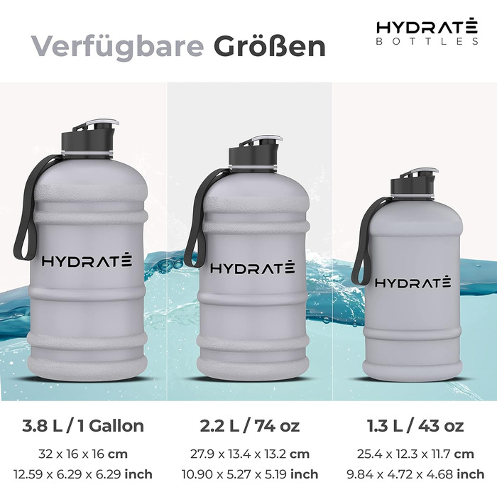 Фляга для води HYDRATE XL 2,2 л - для спортзалу, спорту та подорожей, без BPA, витривала, сіра, 2200 мл