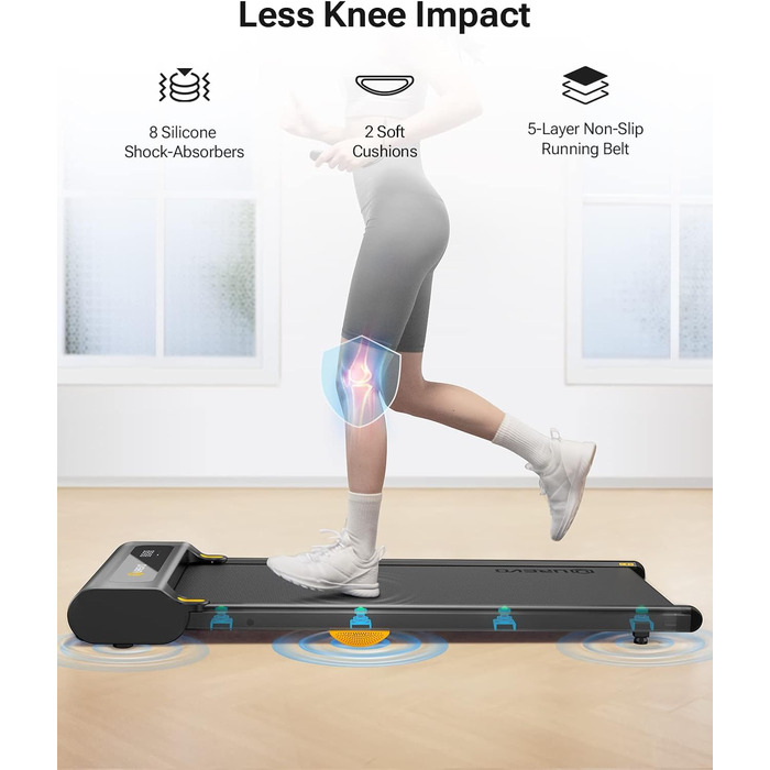 Біговий доріжки з APP, Smart Walking Pad з подвійною амортизацією, ультратонкий біговий стіл з великою зоною бігу для дому/офісу, max 120 кг з пультом дистанційного керування та LED-дисплеєм [SpaceWalk Lite] (Чорний з APP)