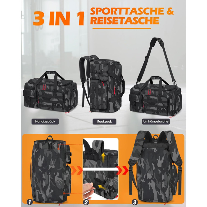 Спортивна сумка RAINSMORE 3-в-1 для чоловіків 45L: рюкзак, сумка для подорожей, фітнес-сумка з відділенням для взуття та ноутбука (сірий камуфляж)