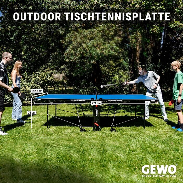 Стіл для тенісу GEWO AWR Outdoor – складаний, вологостійкий – Меламін – Розмір ITTF, з сіткою, ракетками та м'ячами – Зроблено в Німеччині