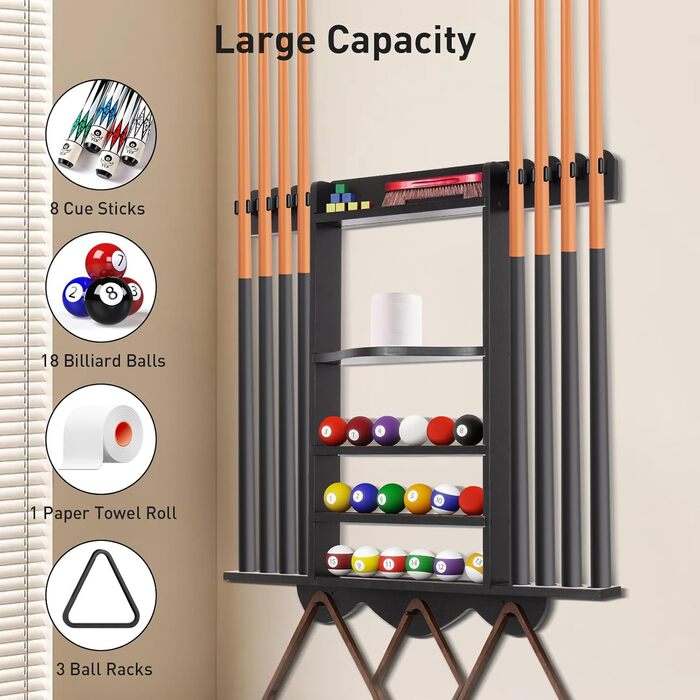 Стенд для київ Leogreen на 8 київ, 18 куль, 3 підставки для куль та рулон паперу. Настінний органайзер з дерева для більярдних кімнат, барів та клубів