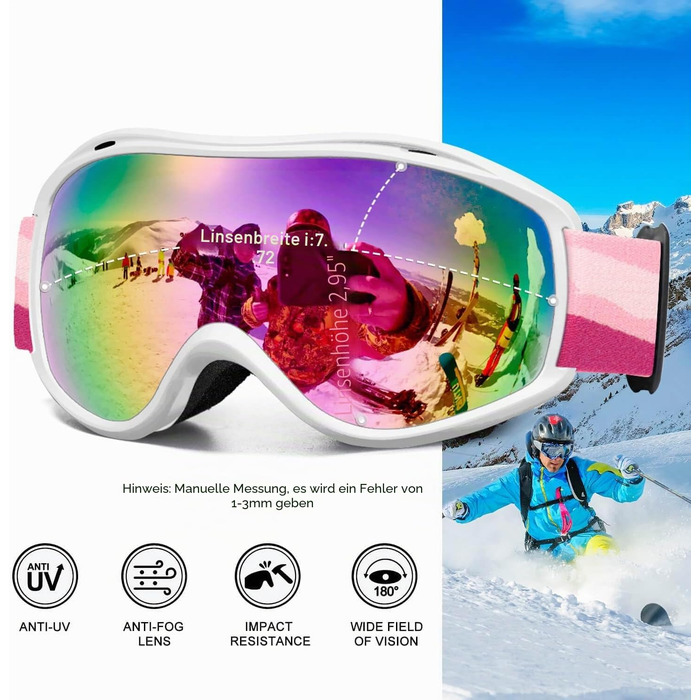 Лижна маска FMY для сноуборду OTG, протизапотіюча з UV400 захистом для чоловіків, жінок та підлітків (біла рама, рожеві лінзи)