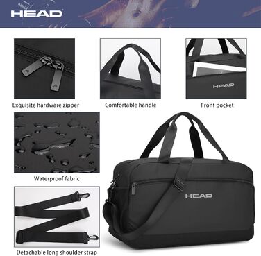 Водонепроникна спортивна сумка для подорожей HEAD, 40 л, велика сумка для фітнесу та бізнес-поїздок, чорна