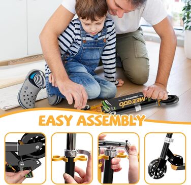 MEE GOO Роликовий самокат для дітей з алюмінію, складний, 3 регульовані висоти, LED колеса, чорний