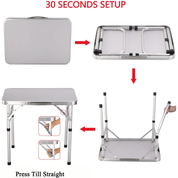 Складаний столик 60 см, портативний, для кемпінгу та пікніків, сад, на вулицю. Складаний стіл з алюмінієвим каркасом, регульована висота, 60 x 45 x 26 см, білий