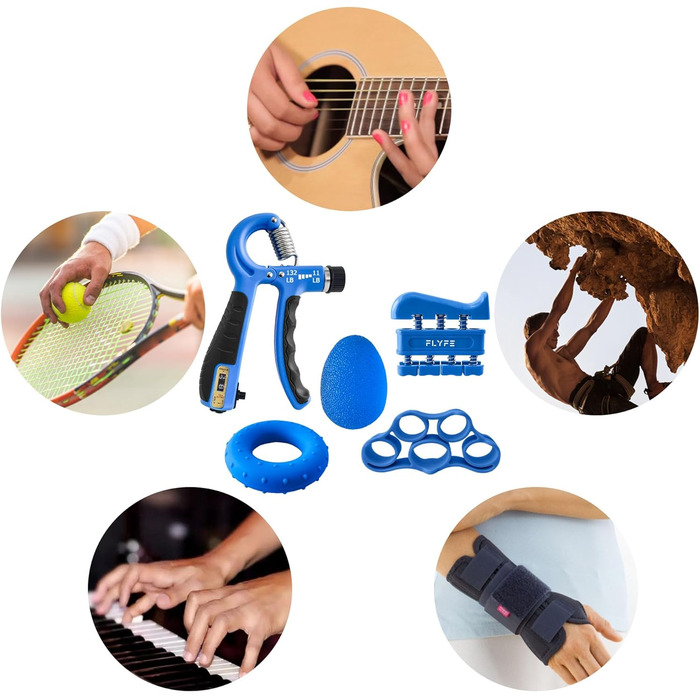 Набір для тренування сили хвата FLYFE (5 шт.) - тренажер передпліччя, ручний стискач, регульований опір, розтягувач пальців, кільце для хвата, м'яч для зняття напруги та тренажер пальців для чоловіків та жінок, відновлення після травм, блакитний