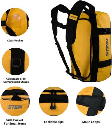 Водонепроникна сумка для подорожей та рюкзак STEIN Metro 90 л, ПВХ-тент, з компресійними ременями та м'якими плечовими ременями, жовтий