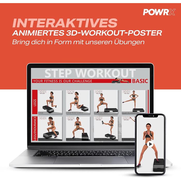 Степ-платформа POWRX для аеробіки та фітнесу, 3 рівні, біла, регульована висота, антиковзаюча | Степ-бенч для дому