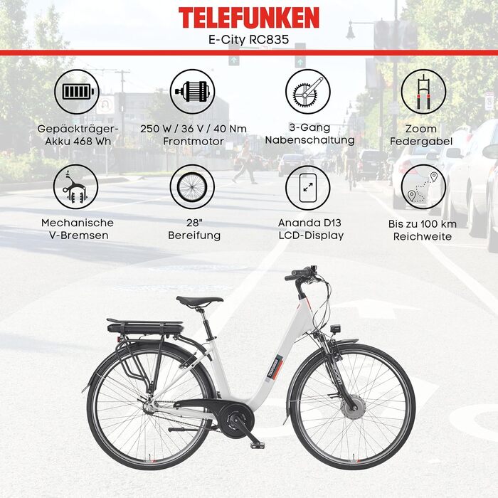 Електровелосипед TELEFUNKEN RC835 для міста, 28 дюймів, 250 Вт, 468 Вт·год, 3-швидкісна втулка, для жінок і чоловіків, до 100 км, з допуском до дороги