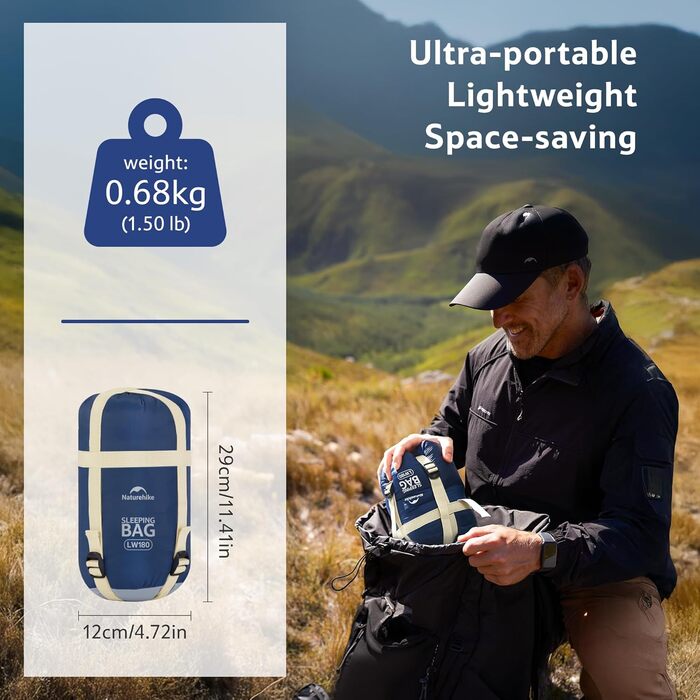 Спальний мішок Naturehike Ultraleicht – ультралегкий, 680/760g, для 3 сезонів, 190x75/205x85cm, для походів, рюкзаків, кемпінгу, комфортна температура 15°C (Димно-синій/Світло-синій)