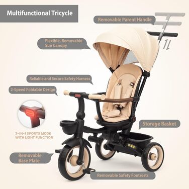 Дитяче тріцикл UBRAVOO 7-в-1: складний, з ліхтарем, гальмом, великим козирком та захисним поручнем. Для дітей від 6 місяців до 5 років (Хакі)