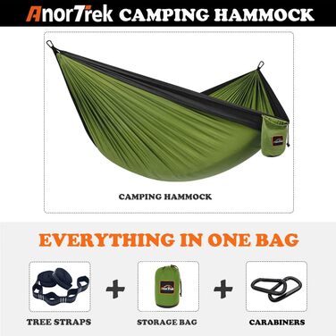 Гамак для кемпінгу AnorTrek, легкий туристичний гамак з 2-ма стропами, нейлон, 280 x 140 см, оливково-чорний