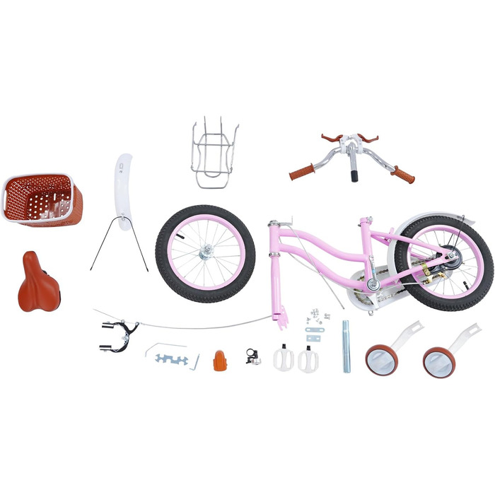 Дитячий велосипед 14 дюймів Retro стиль з додатковими колесами, заднім сидінням, кошиком, регульованою висотою. Підходить для дітей 3-7 років, рожевий.
