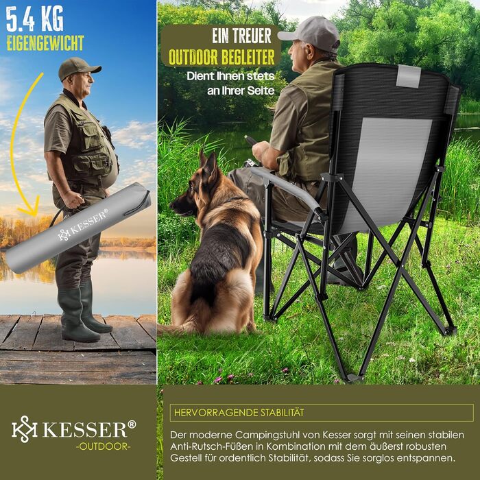 Крісло для кемпінгу KESSER® з високою спинкою, 160 кг, з підлокітниками, кишенею для напоїв та світлом, сіре/чорне