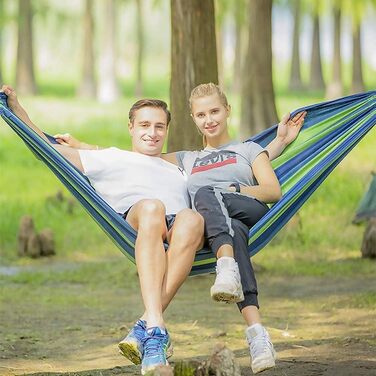 Гамак подвійний HOSPAOP бавовняний 280x160 см для саду, балкону, кемпінгу, пляжу. Витримує до 300 кг, блакитні смуги