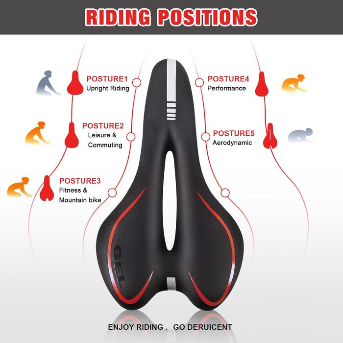 Велосипедне сідло ENJOHOS, водонепроникне, PU, для гірського, трекінгового, туристичного та шосейного велосипедів (червоне гелеве)