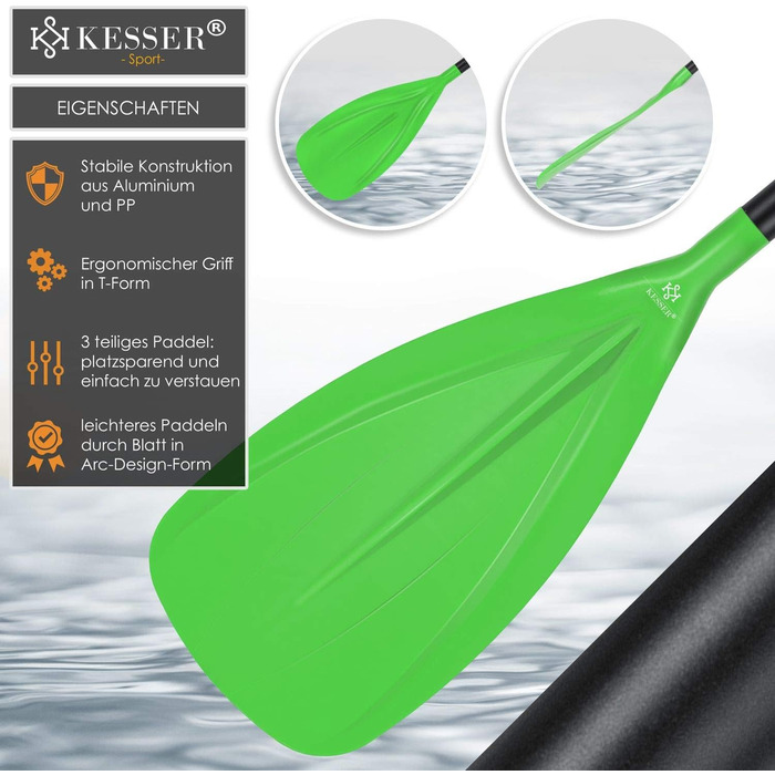 Весло KESSER 3-в-1 для каяка та SUP, алюмінієве, телескопічне 165-215 см, антиковзне, для сапборда, серфінгу, човна, зелене