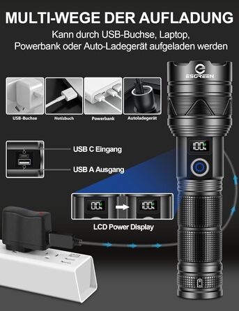 ESGREEN Тактичний ліхтарик LED 1000000 люменів, USB-C, Zoom, 5 режимів, для кемпінгу та безпеки, 32 Вт·год
