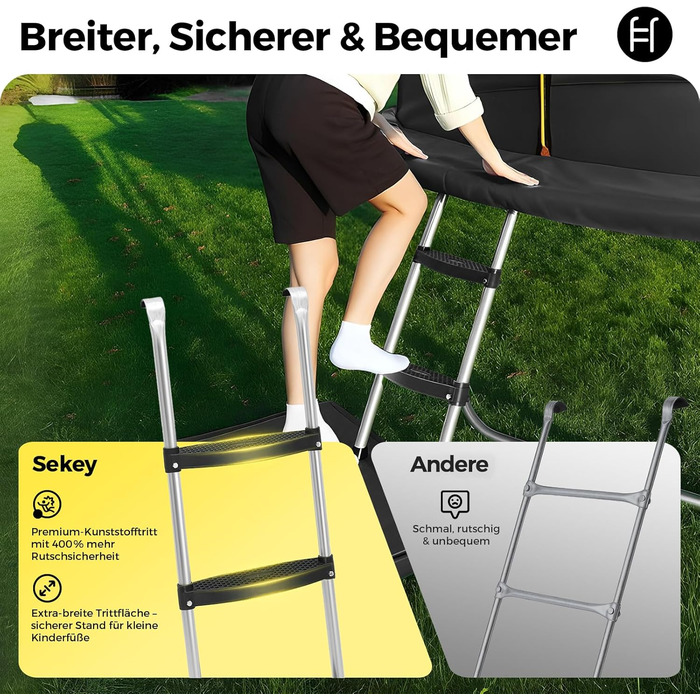 Трамплін Sekey Outdoor Ø 244/305/366 см - сертифікований TÜV Rheinland GS, дитячий, для саду з безпечним мотузковим драбиною, посиленим захисним сіткою та захисним бордюром (Чорний, 366 см/12 футів)