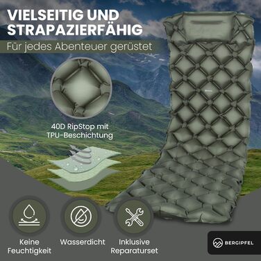 Надувна ізольована килимок Bergpfeil 7,5 см – Ultraleicht, компактний, з інтегрованим насосом – для кемпінгу, виживання та трекінгу, зелений