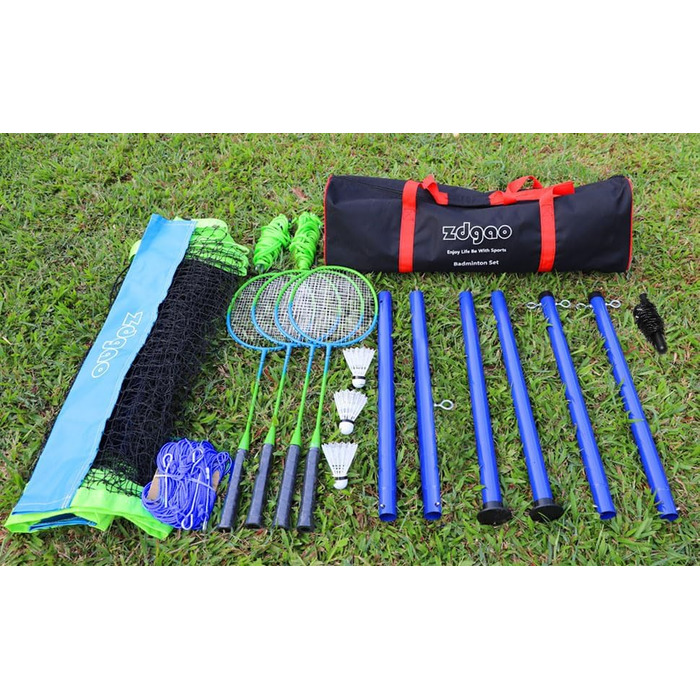 Набір для бадмінтону Zdgao для двору: портативна сітка з лебідкою, 4 алюмінієві ракетки, 3 волани, розмітка та сумка для перенесення (Синьо-Зелений)