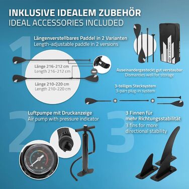 Надувна SUP-дошка ECD Germany з каяк-сидінням, 320x82x15 см, чорна/блакитна/бірюзова/сіро-оранжева, PVC, алюмінієве весло, повний комплект аксесуарів для серфінгу та веслування