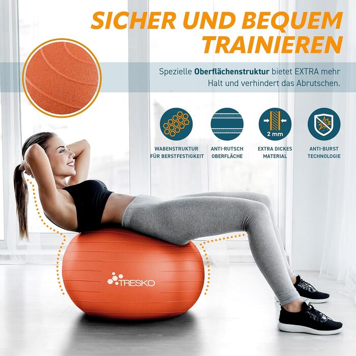Гімнастичний м'яч TRESKO 85 см, BPA-Free, з насосом, для фітнесу, йоги, пілатесу, вагітних, антивибуховий, до 300 кг, помаранчевий (для зросту понад 185 см)