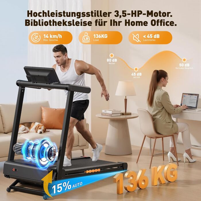 Складний біговий тренажер для дому з автоматичним нахилом 15%, потужність 3.5 PS, 12 програм HIIT, Smart App, швидкість 1-14 км/год, LED дисплей, вимірювання пульсу, вантажопідйомність 136 кг, чорний