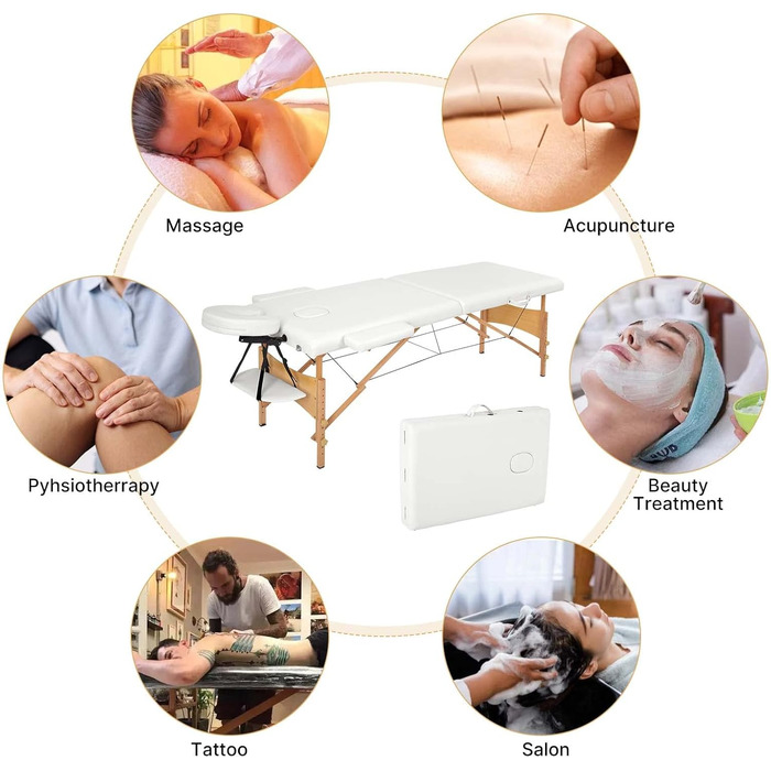 Масажне ліжко Mondeer з 2 зонами, регульована висота, складане, з дерева, для салону краси, з підголовником та підлокітниками (біле)