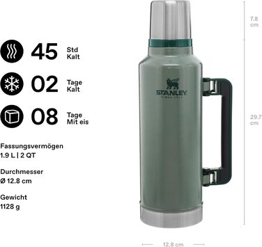 Термос Stanley Classic Legendary 1.9 л, зелений (Hammertone Green) - нержавіюча сталь, 45 год утримання тепла/холоду, BPA-free