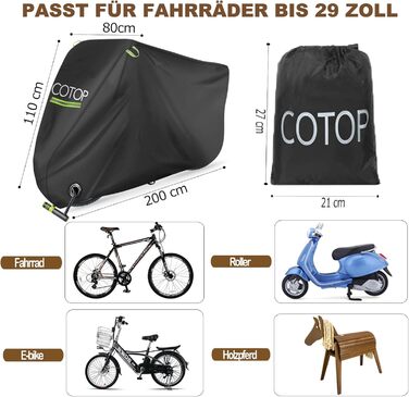 Водонепроникний чохол для велосипеда COTOP 210T Nylon, 200 x 80 x 110 cm, з захистом від крадіжок, для велосипедів, електровелосипедів та ролерів