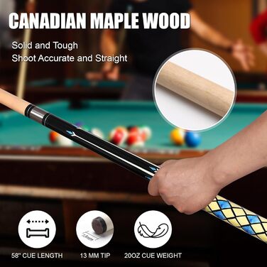 ASMPCUE Більярдний кий 58'' 20oz з чохлом з PU шкіри, канадський клен, 13mm наконечники, для професійних гравців, жовтий