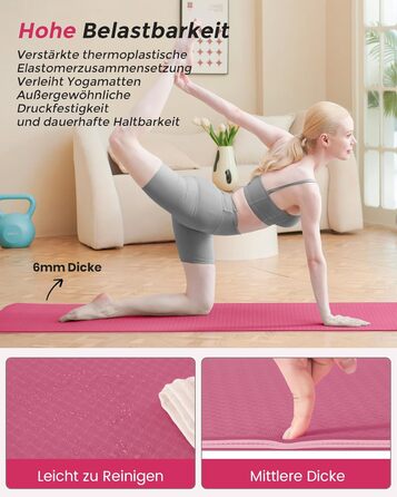 Йога-килимок Narwhal протиковзкий з TPE для фітнесу, пілатесу та тренувань, з ременем для перенесення, 183 x 61 x 0.6 см, колір слива-рожевий