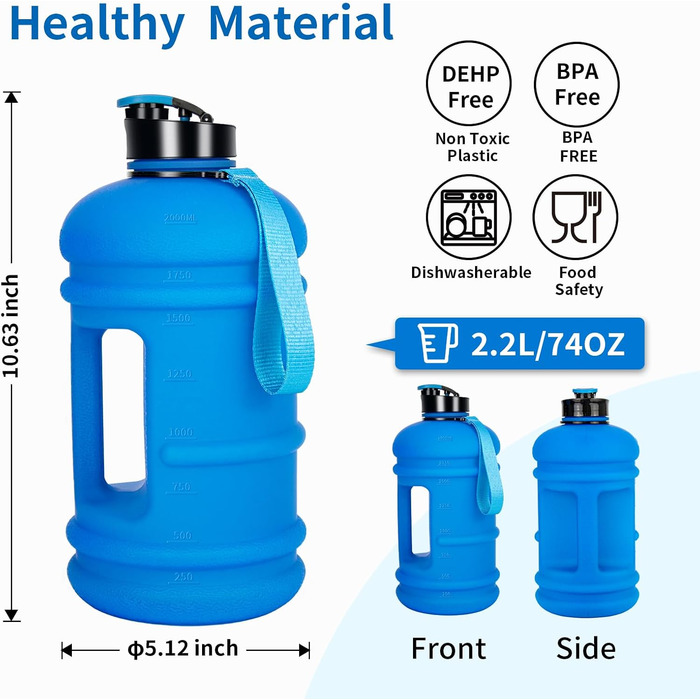 Фляга TOOFEEL 2л BPA Free, велика спортивна фляга з мітками об'єму - Матова Темно-Синя (1893 мл)