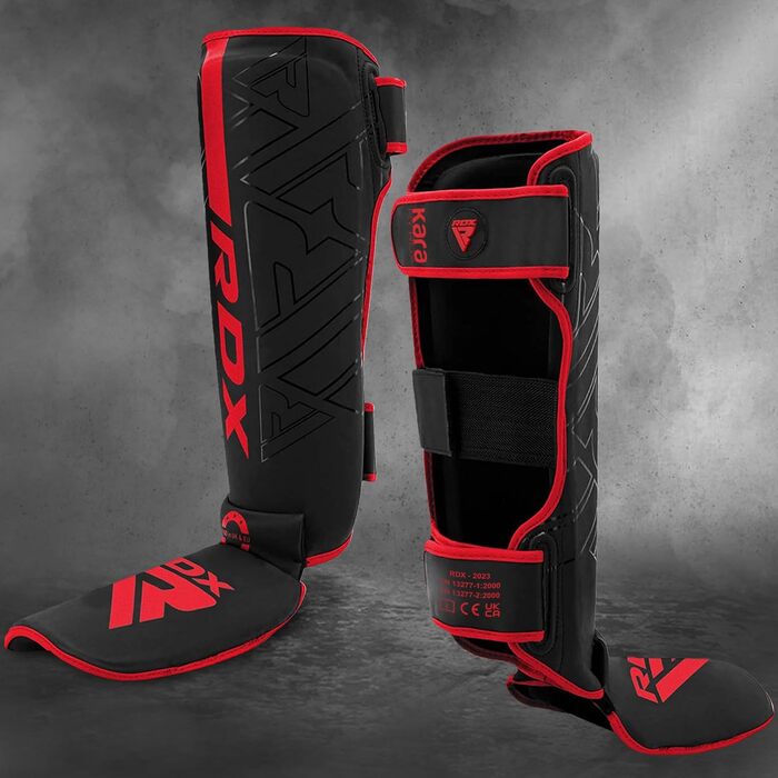 Захисники для ніг RDX Maya Hide для кікбоксингу, муай-тай, карате, тхеквондо, MMA, Krav Maga, боксу та спарингу (XL, червоний)