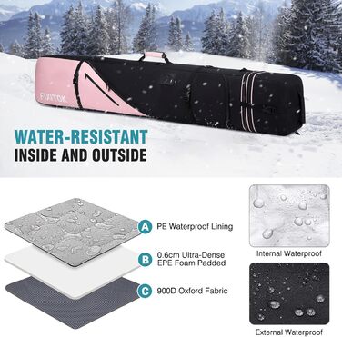 Водонепроникний сноубордистський мішок для перевезення в літаку, повний захист для сноуборду, черевиків, одягу, шолому та спорядження, регульована довжина (157-181 см), рожевий колір