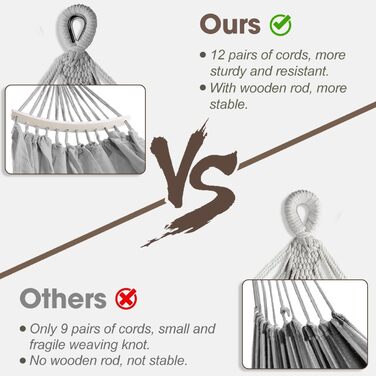 Гамак для відпочинку на відкритому повітрі: кемпінг, балкон, сад. З дерев'яною перекладиною, ременями та сумкою. Сірий з бахромою