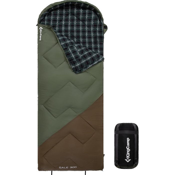 Сплячий мішок KingCamp Flannel для дорослих, 3-4 сезони, ультралегкий, бавовна, теплий, ковдровий, водонепроникний, для кемпінгу (зелений/коричневий, L, блискавка)