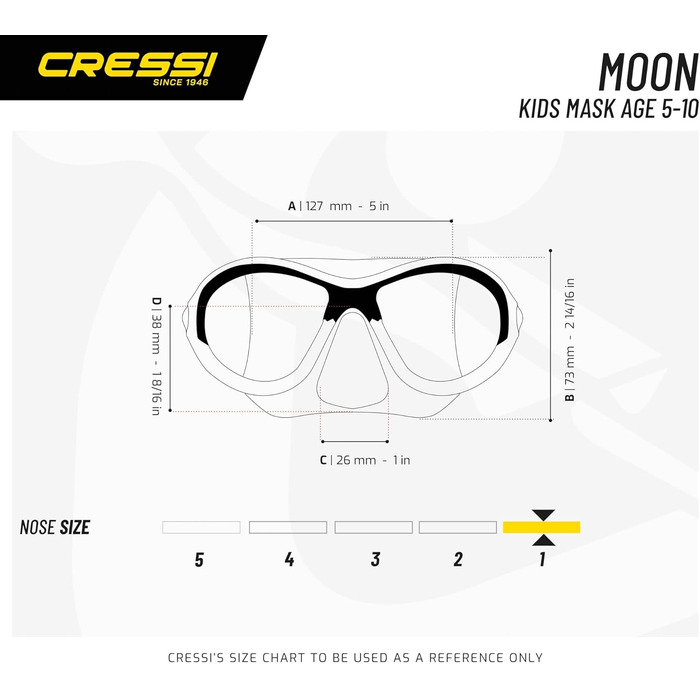 Дитяча маска для плавання та дайвінгу Cressi Moon Kid 7–15 років, силіконова, антиалергенна, стійка до подряпин, регульована, прозора/синя/помаранчева