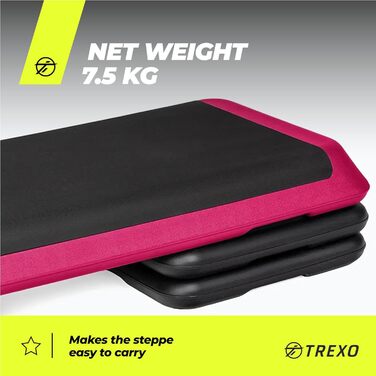 Аеробний степпер TREXO для кардіо та фітнесу, регульована висота 10/15/20 см, домашній тренажер до 250 кг, 109x41 см, чорний/рожевий