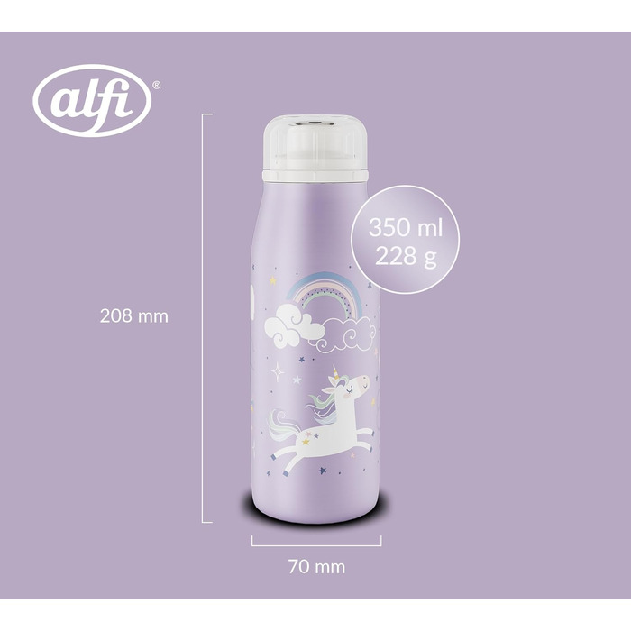 Дитяча термос-пляшка alfi KIDS ISO 350 мл, ліловий Єдиноріг, нержавіюча сталь, герметична, зберігає тепло 12 годин, холод 24 години, для газованих напоїв, BPA-free