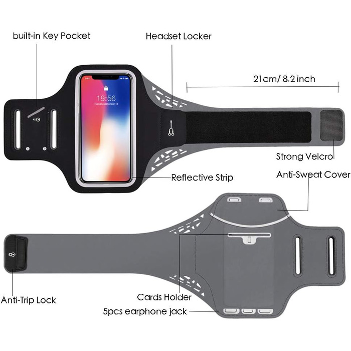 Спортивний браслет на руку для iPhone 16 Pro Max, 16 Plus, 15 Pro Max, 15 Plus, 14 Pro Max, Samsung S24, S23, S22 Ultra. Тримач для телефону під час бігу та тренувань (сумісний з 5.1'-6.5' телефоном, з подовжувачем, чорний)