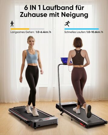 Біговий тренажер 6 в 1 для дому, складаний, з регулюванням нахилу 10% та ручкою. Підходить для дому/офісу, LED-дисплей, до 135 кг, пульт дистанційного керування та додаток. Без встановлення (червоний)