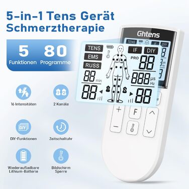 TENS пристрій для терапії болю, 5-в-1: TENS/EMS/IF/RUSS/DIY, для зняття болю, 80 програм масажу, 2 канали, 8 електродів, білий