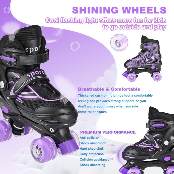 Дитячі ролики DUZSKJ регульовані, з підсвічуванням, для хлопчиків та дівчаток, чорно-фіолетові