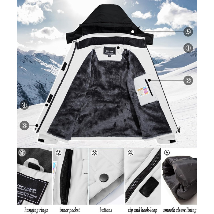 TACVASEN жіноча куртка-перехідник, тепла зимова куртка, куртка для походів, гірськолижна куртка з водонепроникною блискавкою, білий та чорний колір
