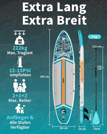 SUP дошка COOLCAA 355 см надувна, широка 86 см, для риболовлі, з аксесуарами та сумкою, вантажопідйомність 222 кг