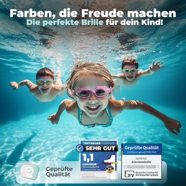 Дитячі окуляри для плавання KIDVERSE - комфортні окуляри для дайвінгу для дітей 3-13 років. Перевірені дитячі окуляри для плавання з UV-захистом та антизапітнільними властивостями. Окуляри для плавання для дівчаток та хлопчиків, блакитно-жовті